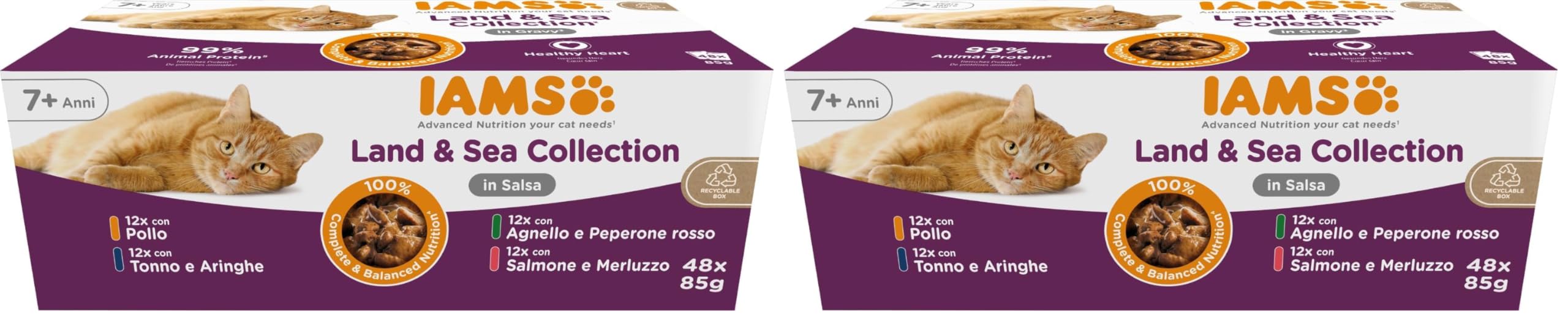 IAMS Cibo umido per gatti Senior Land and Sea Collection - Multipack con varietà di carne e pesce in salsa, cibo umido per gatti anziani dai 7 anni, 48 x 85 g (Confezione da 2)