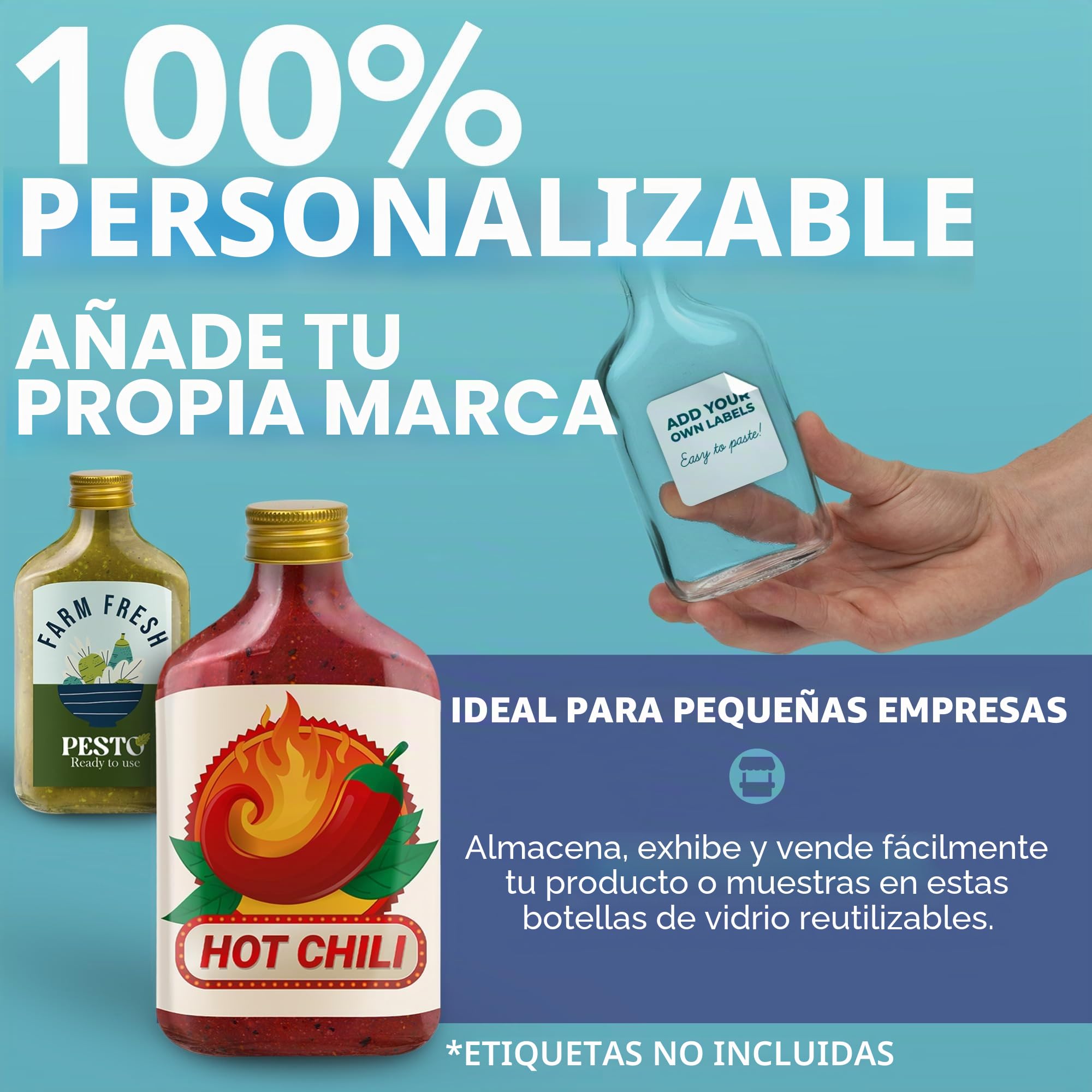 HEFTMAN Flask Botellas de Vidrio Pequeñas - Paquete de 10 Botellas de Vidrio de 200ml con Tapas, Vacías, Herméticas, Reutilizables Botella de 200ml - Perfectas para Ginebra, Vino, Vinagre, Bebidas