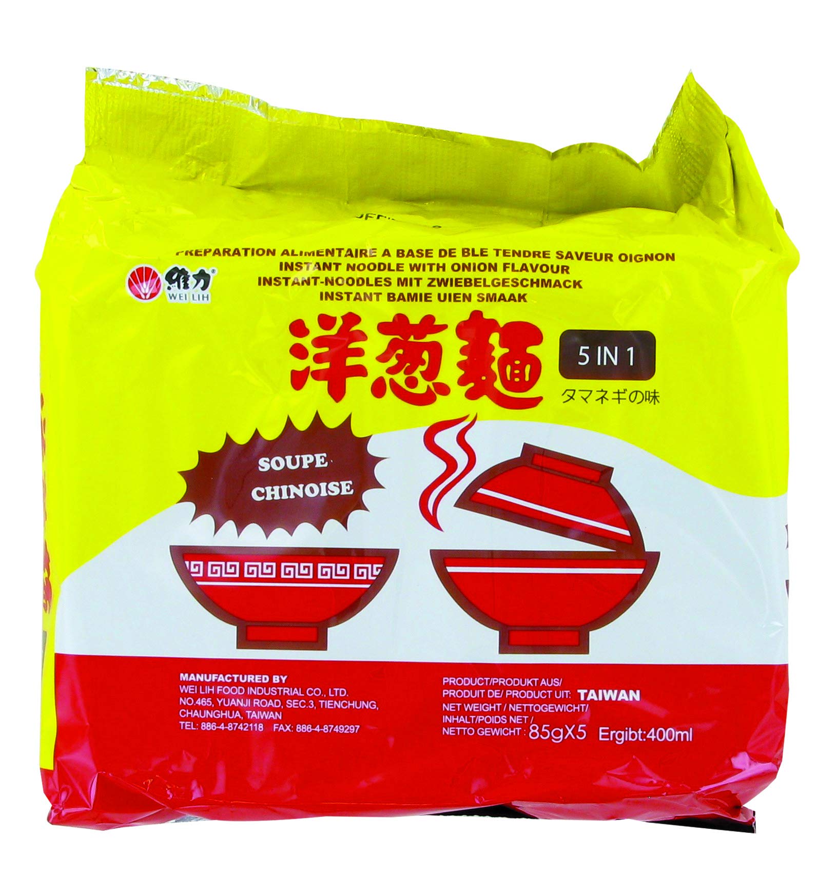 Pack de 5 sopas y fideos instantáneos sabor cebolla 85 g – Listo en 3 minutos – Marca Wei Lih (6 paquetes)