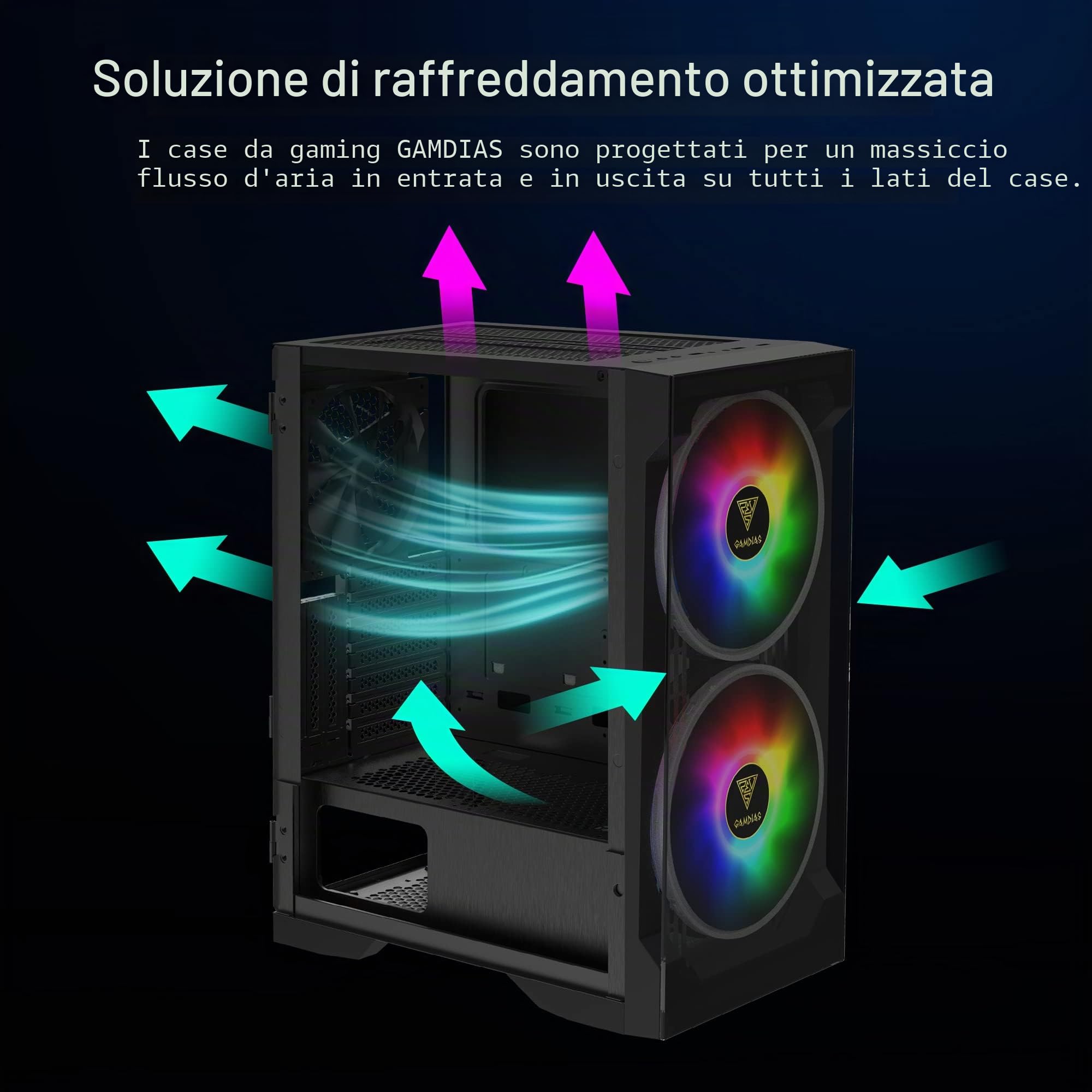 GAMDIAS APOLLO E2 Elite Gaming PC case, Mid-Tower ATX, pannello in vetro temperato, 3 doppie ventole ARGB integrate da 200 mm, finestra di installazione senza attrezzi, supporta schede madri fino a