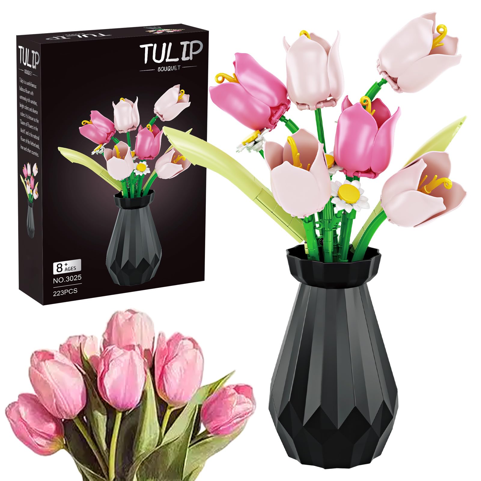 Pink Tulips Flower Bouquet Gifts Building Sets for Adults Women Girl Kids