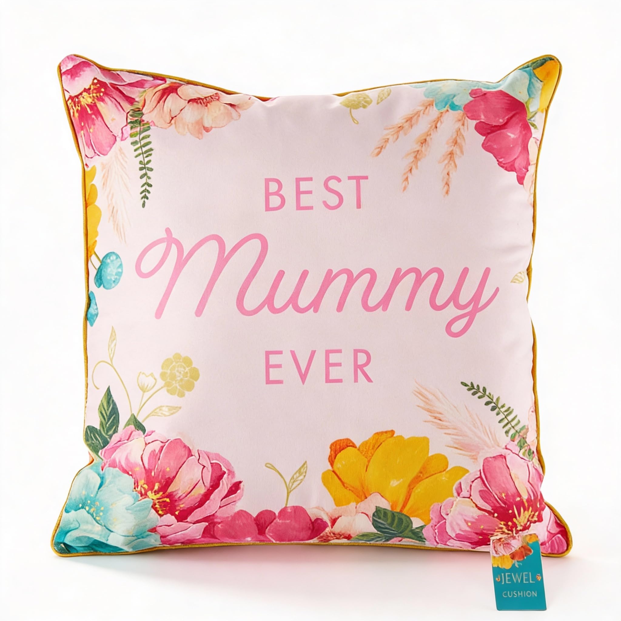 Hox Luxe Jewel Cushion – Best Mummy Ever Decorative Square Pillow 46 x 46cm with Floral Border, Deep-Filled for Sofa or Bedroom with Piped Edging