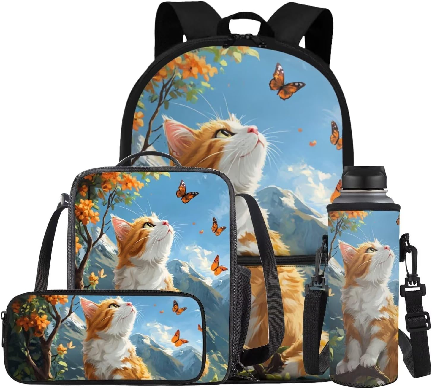 Gomyblomy Butterfly Cat Backpack for Girls 8-10 10-12 12-14 Girls Backpack with Lunch Box Set of 4 for Elementary Middle School Teens Bookbag 17 Inch Schoolbag for Kids Back to School Gifts