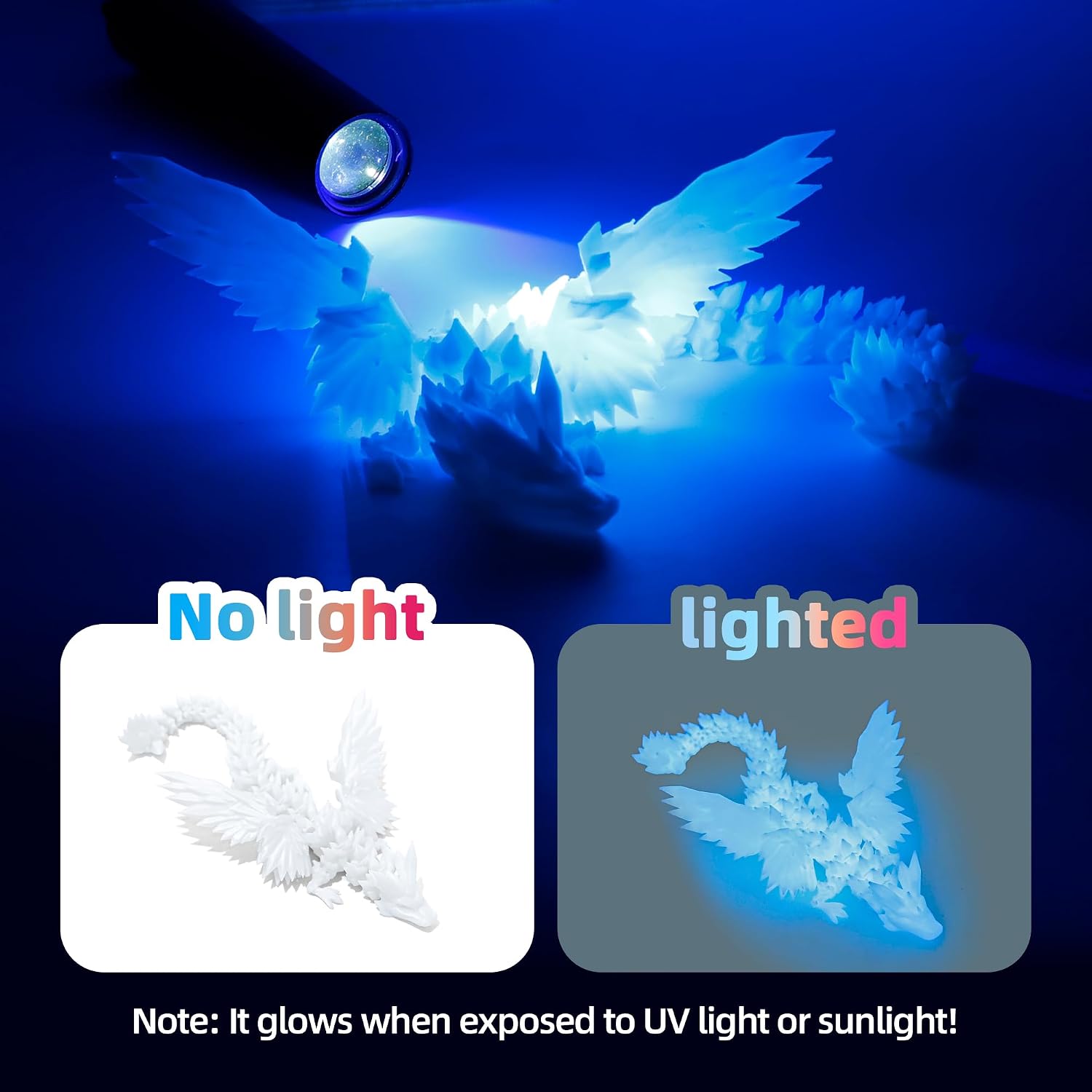 2 Pack 3D Printed Dragon with Wings - 9 inch Flying Dragon, Flexible Articulated Winged Animal, Office Desk Pet Toy, Home Decor, Easter Basket Stuffers (Candy Rainbow+ Glow Blue) image 4
