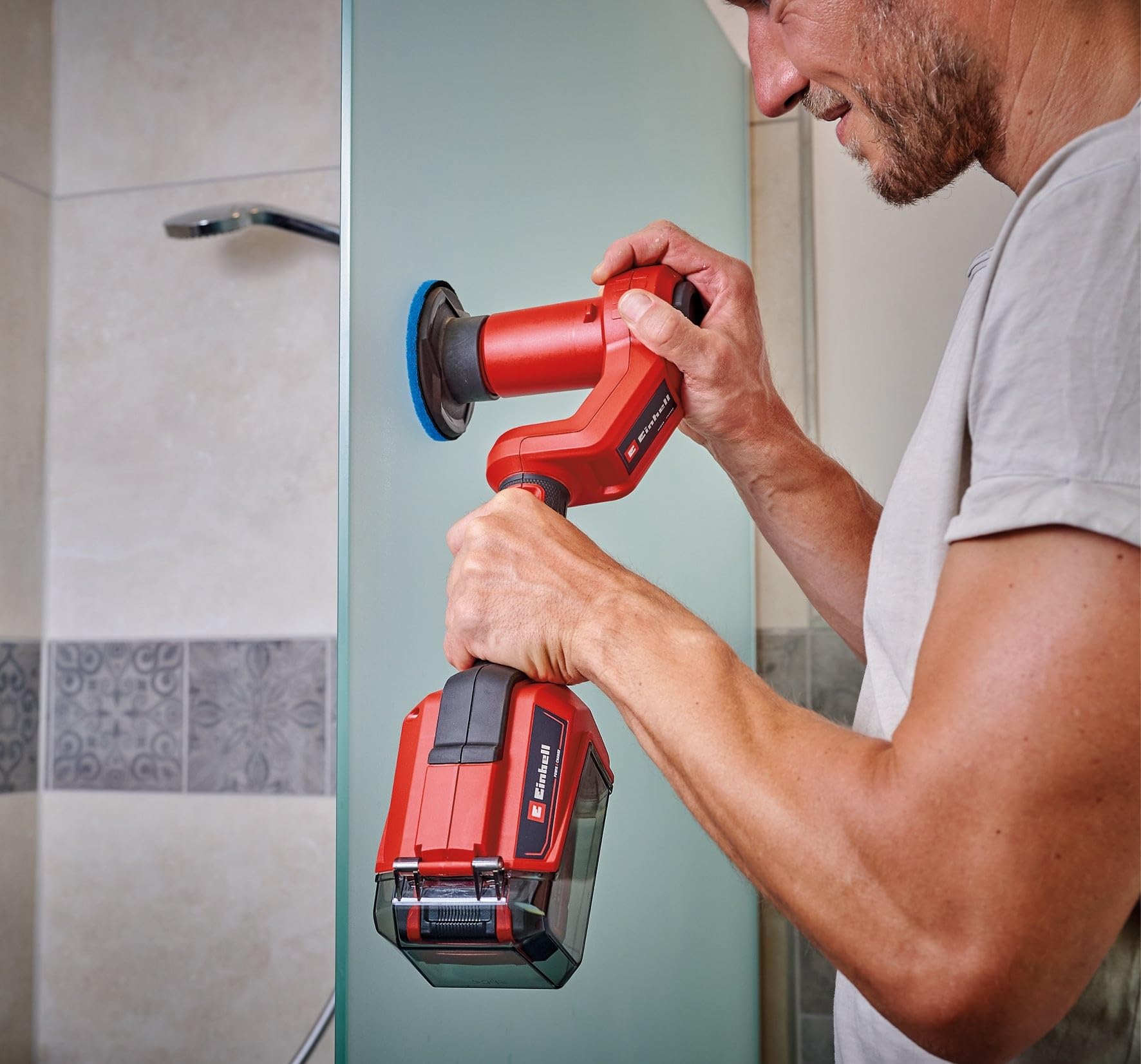 Einhell PICOBELLA 18/90 Power X-Change szczotka powierzchniowa (18 V, bezprzewodowa szczotka do czyszczenia, ochrona przed rozpryskami, w zestawie 2 szczotki, 3 podkładki czyszczące, uchwyt ścienny,
