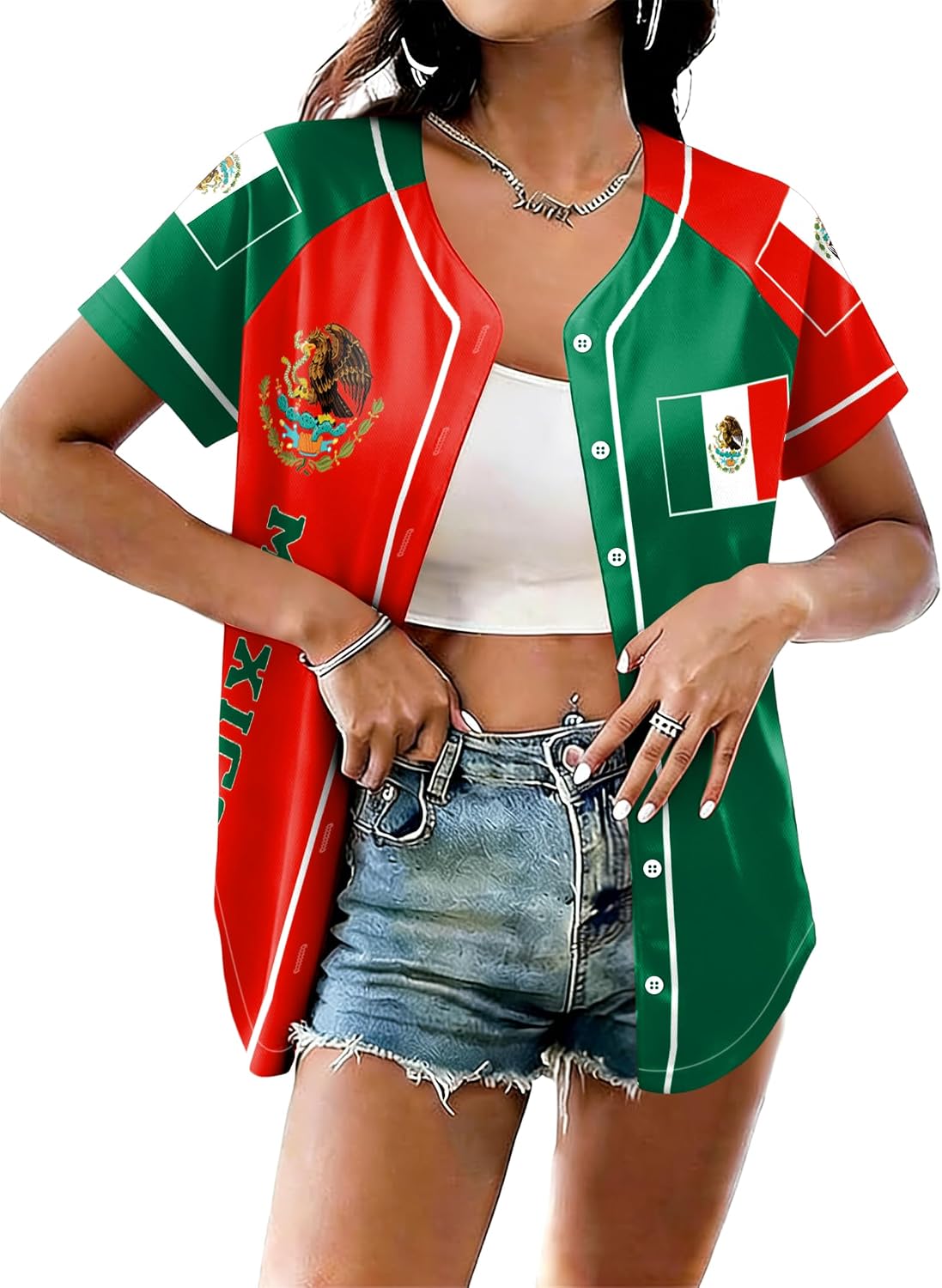 Mexico Jersey for Women Mexico Soccer Jersey Tees Mexican Flag Graphic Shirts Mexico Button Down Tops