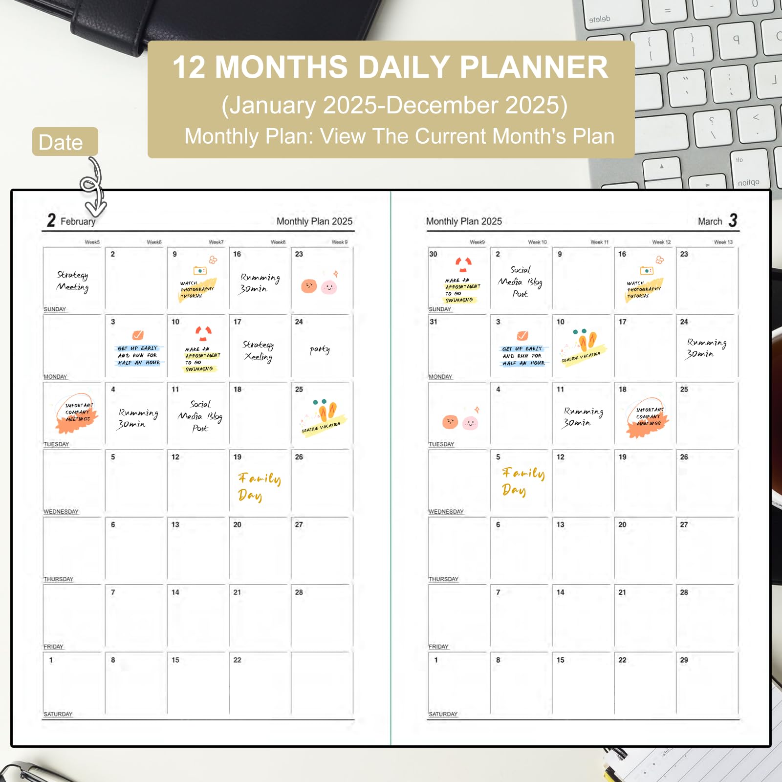 Mljtoyo Agenda 2025, formato A5, una pagina al giorno, copertina morbida, agenda giornaliera mensile da gennaio 2025 a dicembre 2025, agenda giornaliera A5, con penna, adesivi, tasca posteriore, 3