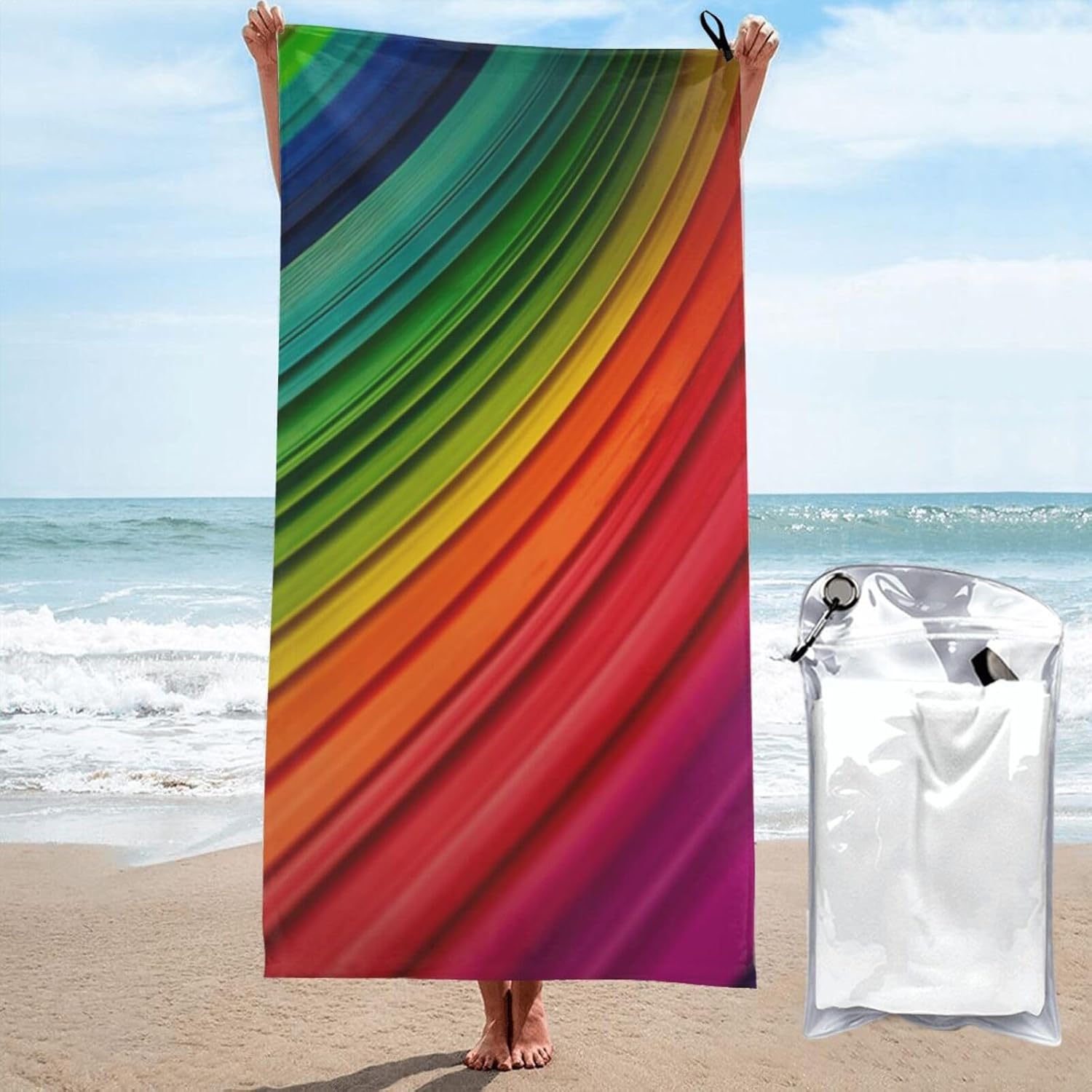 KHiry Microfiber Towel Beach Towels Rainbow Color Stripe Quick Dry Towel Soft Lightweight Travel Towels Absorbent Large Easy Pack Travel Things Beach Blanket for Gym Sports Swimming