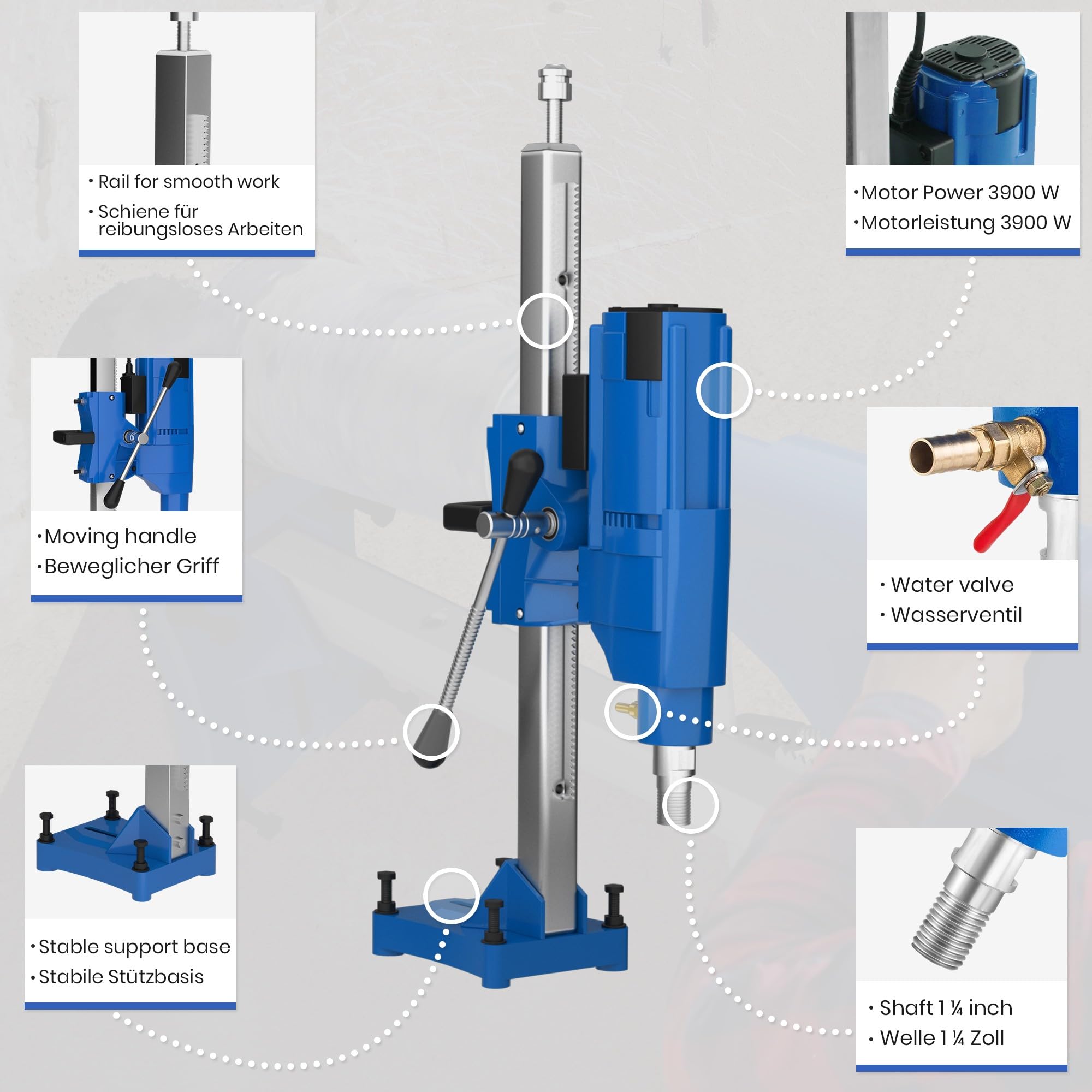 TIMBERTECH® Kernbohrgerät - mit Ständer, Ø Bohrung: ca. 15-205 mm, 3900 W, 580 U/min geeignet für Diamantbohrkronen - Kernbohrer, Kernbohrmaschine, Bohrmaschine für Nass und Trocken