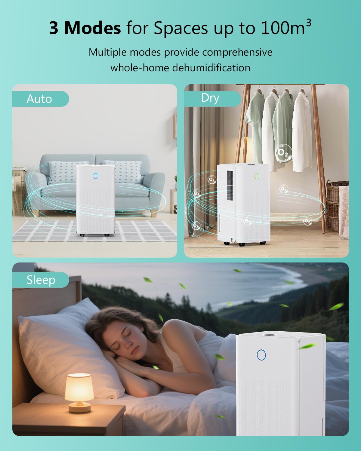 Deshumidificateur d Air 12 Litres/24h, Déshumidificateur Électrique avec 3 Modes, Silencieux, Minuterie de 24h, Drainage Continu, Roues 360°, Efficace Contre l'Humidité pour Maison/Appartement/Cave