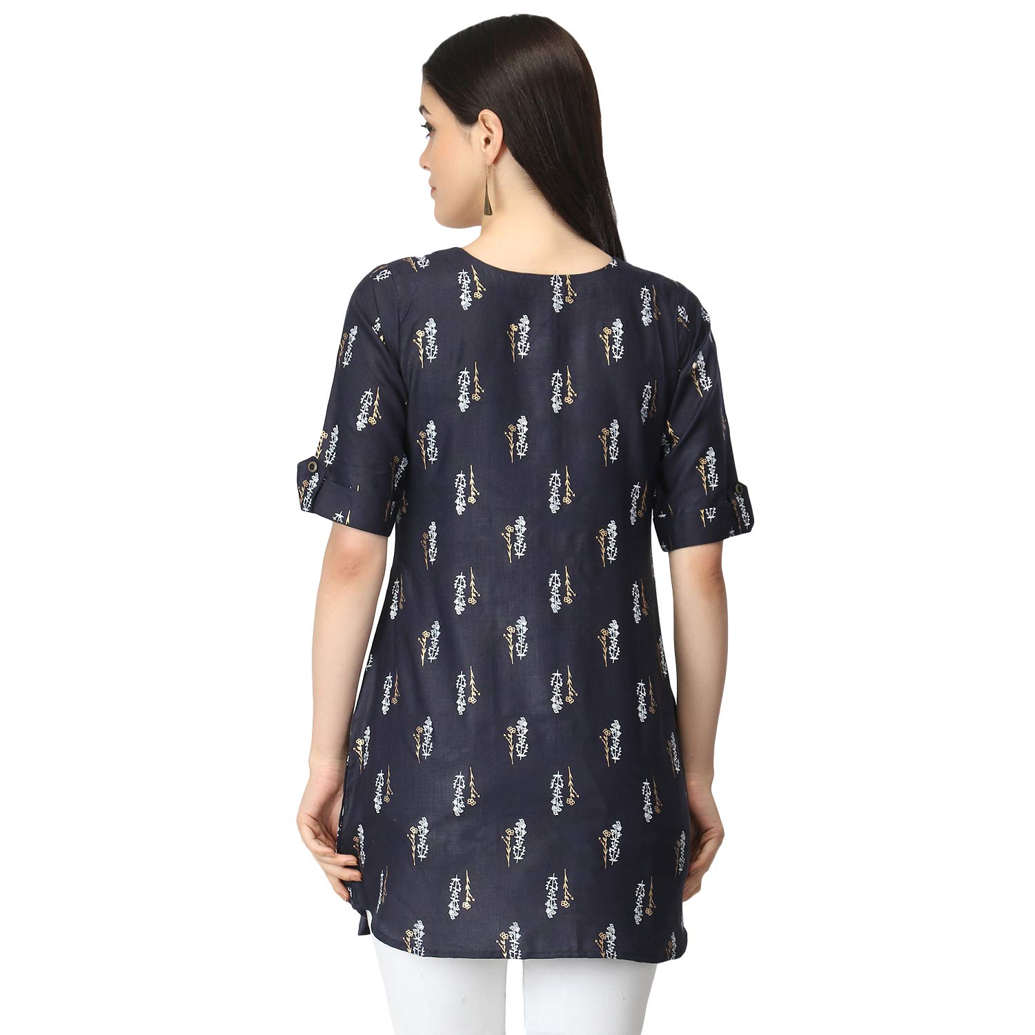 Om Sai Latest Creation Rayon Foil Printed Fully Stitched Anarkali Foil Print Kurti For Women & Girls On Jeans Palazzo Or Skirt (Plus Size Upto 2Xl) (Blue)