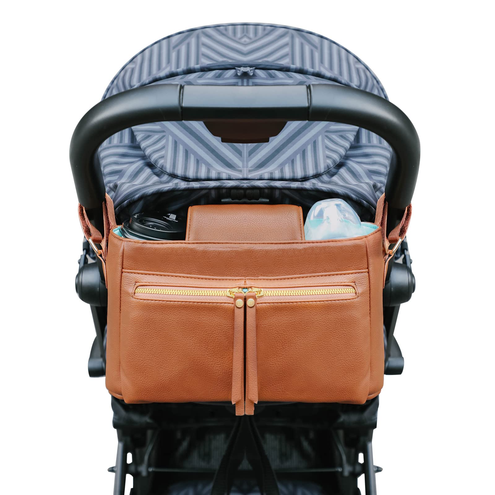 MOMINSIDE Stroller Organizer With Insulated Cup Holders, 10 Pockets Stroller Accessories Leather, Universal Stroller Caddy, Adjustable Straps, Zippered Pocket, Fit All Strollers (Brown)