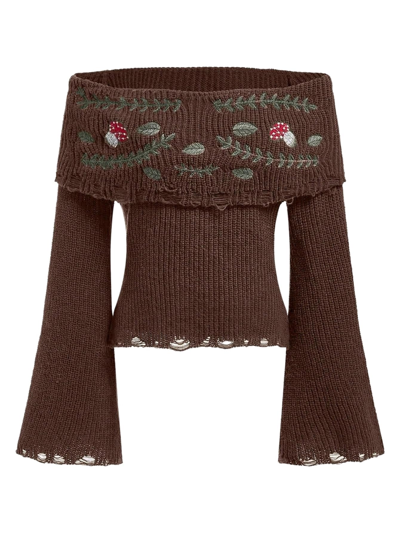 Womens Y2K Off The Shoulder Sweater Cottage Core Vintage Sweater Distressed Long Bell Sleeve Mushroom Knit Pullover