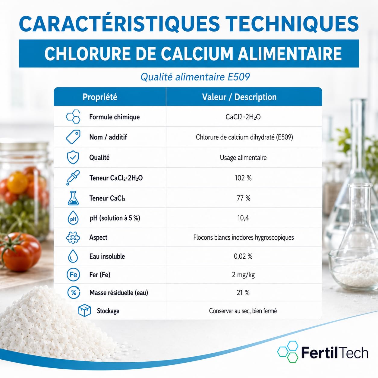 FertilTech Calciumchlorid-Dihydrat E509 5 kg | Lebensmittelqualität, weiße hygroskopische Flocken für Käseherstellung, Gerinnung, Salzlaken, Konserven und Lebensmittelzubereitungen