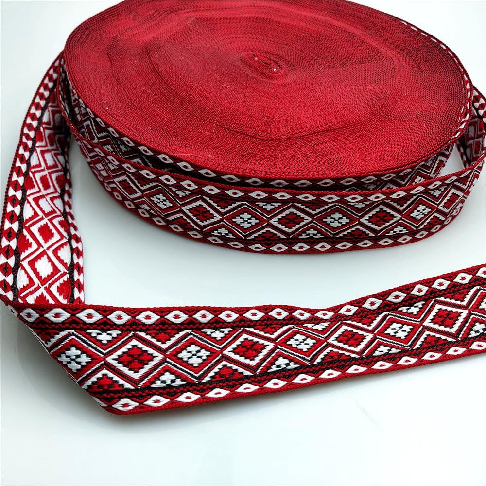 50 Yards Jacquard Ribbon, Garment Trim Fringe Vintage Embroidered Ribbon Floral Woven Fabric Bias Tape for Sewing Clothing Wedding Gift Wrapping Camera Bag Straps, 1.25inch Wide (Red, 50 Yards)