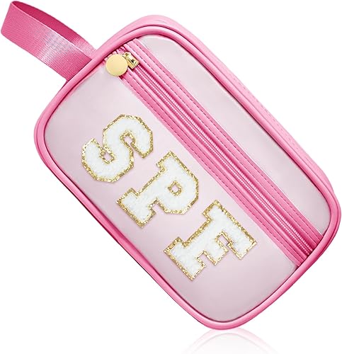 Miniatura 17 de COSHASYOO - Bolsas de maquillaje transparentes con correa de chenilla con parche de letras para cosméticos, bolsa pequeña y bonita para artículos