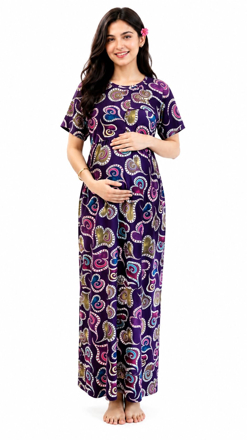Women’s Purple Paisley Print Maternity Feeding Maxi Nighty Dress-image-5