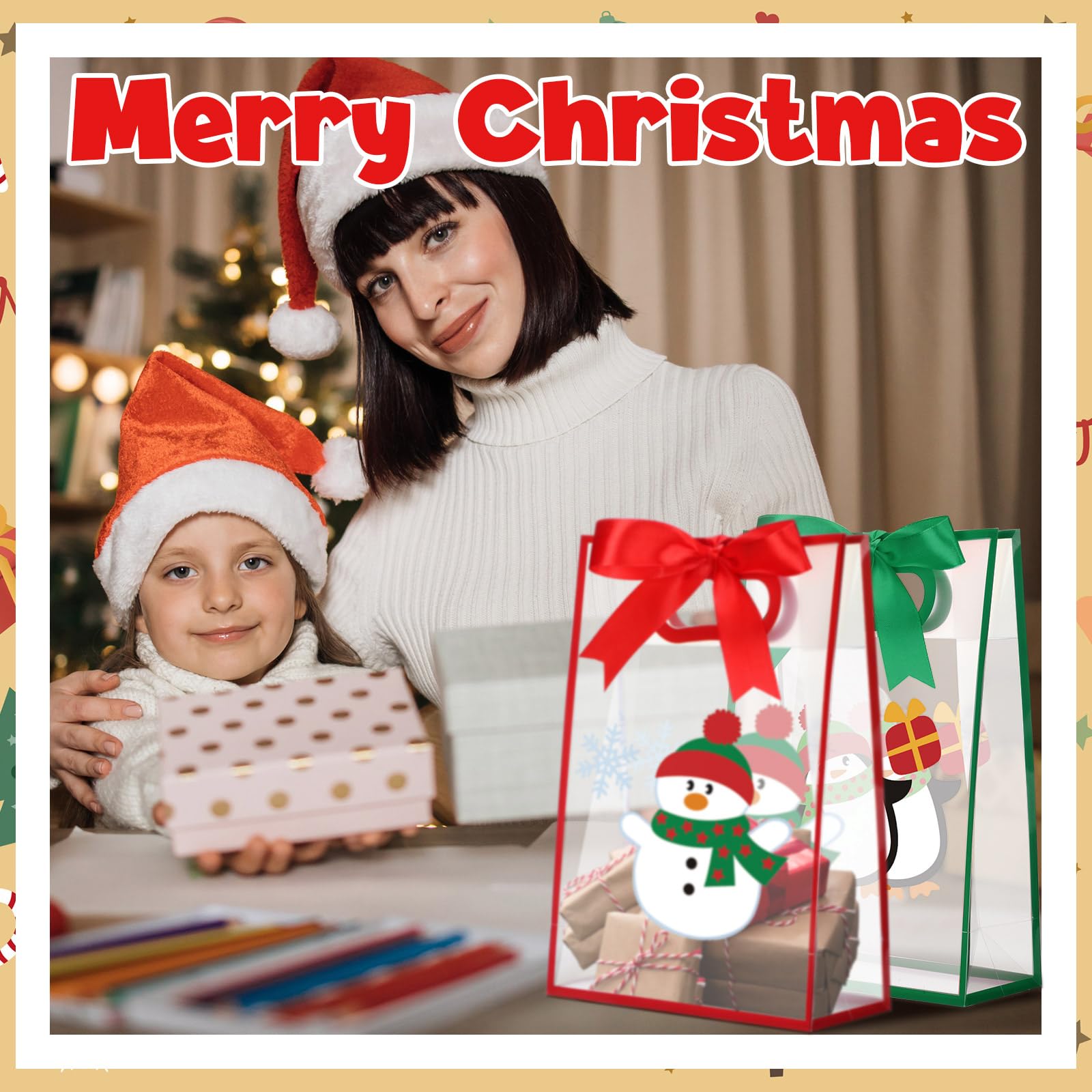 Gersoniel Lot de 24 sacs cadeaux de Noël transparents avec poignées, sacs à friandises de Noël en plastique avec nœud et rubans en PVC transparent, Père Noël, élan, bonhomme de neige pour anniversaire