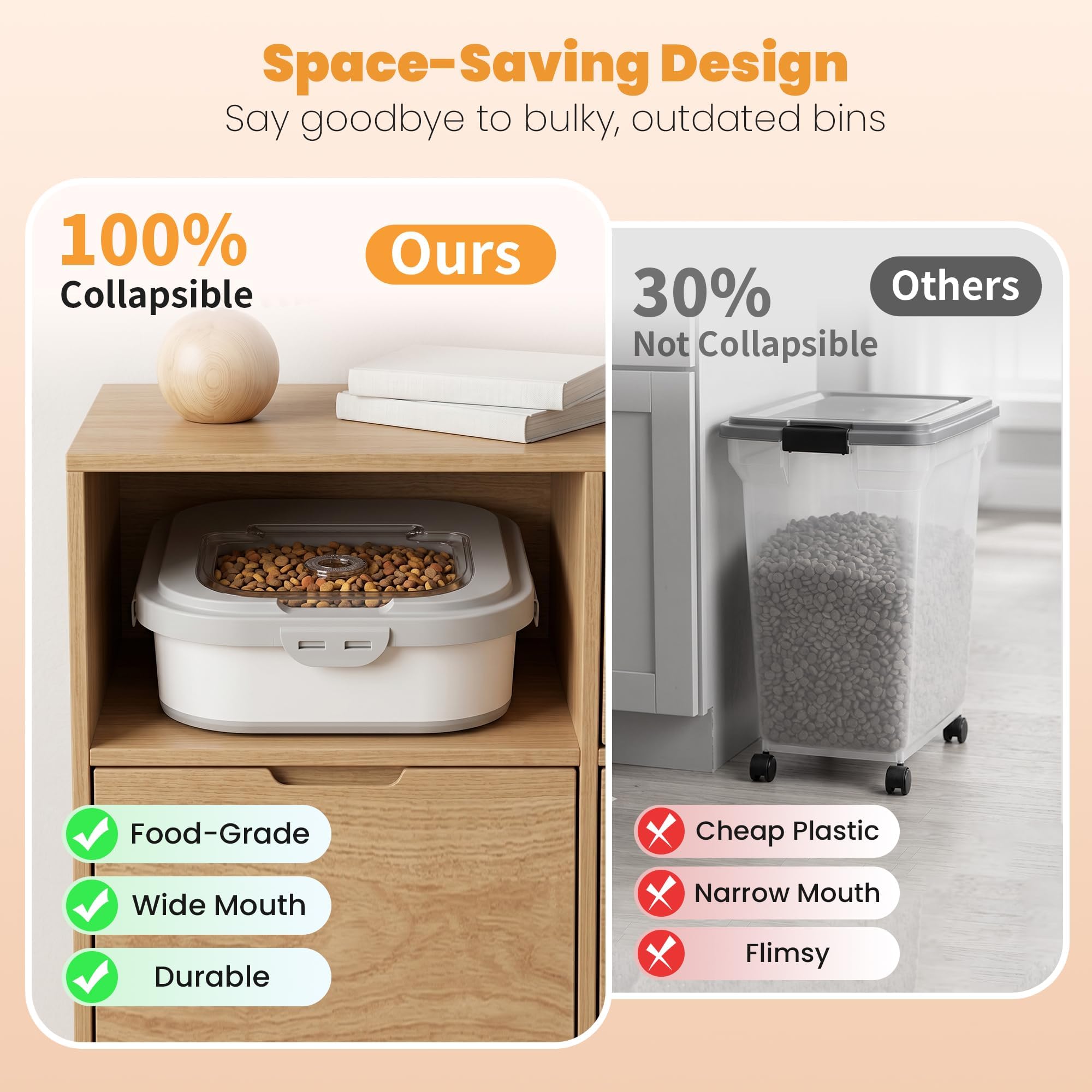 Contenedor de almacenamiento de alimentos para perros de 35 a 40 libras, contenedor plegable para alimentos para mascotas con tapas herméticas, ruedas desmontables, cuchara y 2 recipientes de