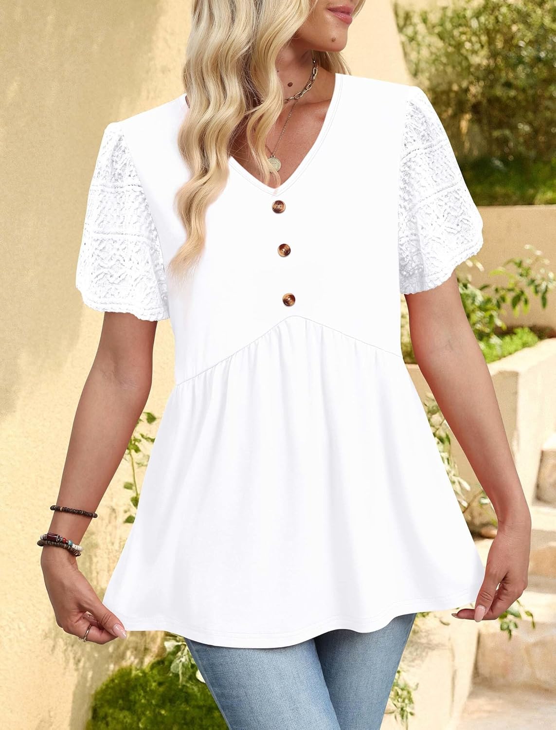 OFEEFAN Womens Summer Tops Babydoll Short Sleeve Shirts Button Down Lace Sleeve Peplum Tunic Tops V Neck T Shirts - Image 3