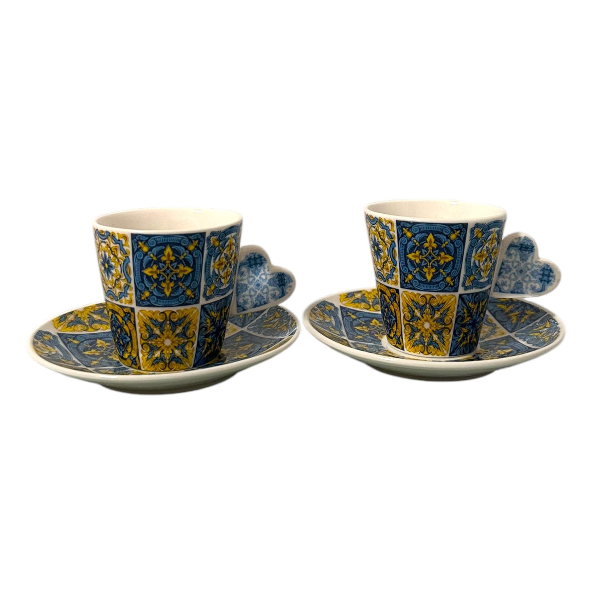 Portugal Azulejos handbemaltes Espresso-Set mit 2 Tassen, Keramik, Tee, Kaffee, Espressotassen, inklusive Geschenkbox, portugiesische Keramik, schönes Geschenk aus Portugal (gelbes & blaues Herz)