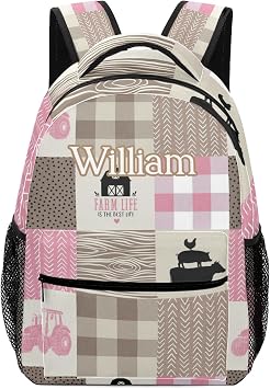 XOZOTY Farm Animal Life Plaid Truck Pink Personalized Backpack for Women Men Gift with Name