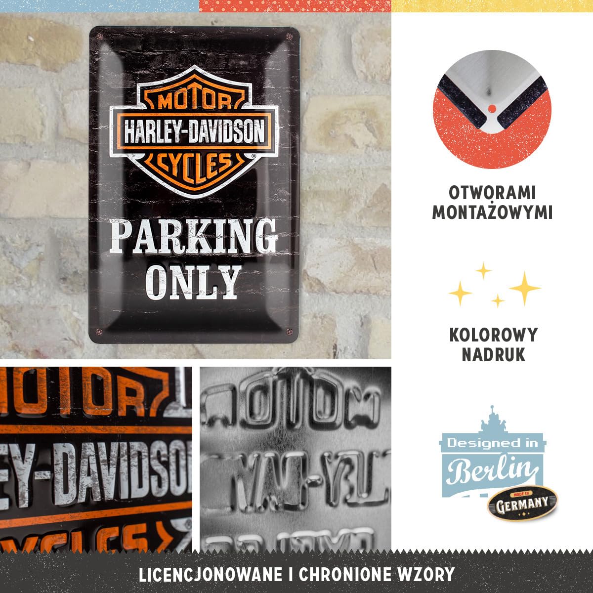 Nostalgic-Art Retro tabliczka z blachy, 20 x 30 cm, Harley-Davidson – Parking Only – Pomysł na prezent dla motocyklistów, Official License Product (OLP), z metalu, Styl vintage