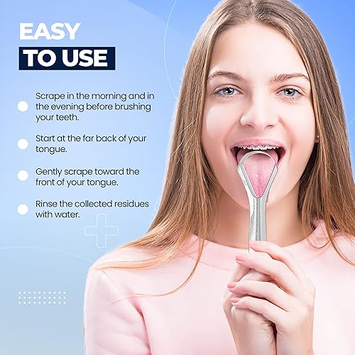 Miniatura 3 de Raspador de lengua de limpieza profunda, doble extremo, diseño de borde plano + dentado, (2 unidades) de acero inoxidable, por Amazing Oralcare