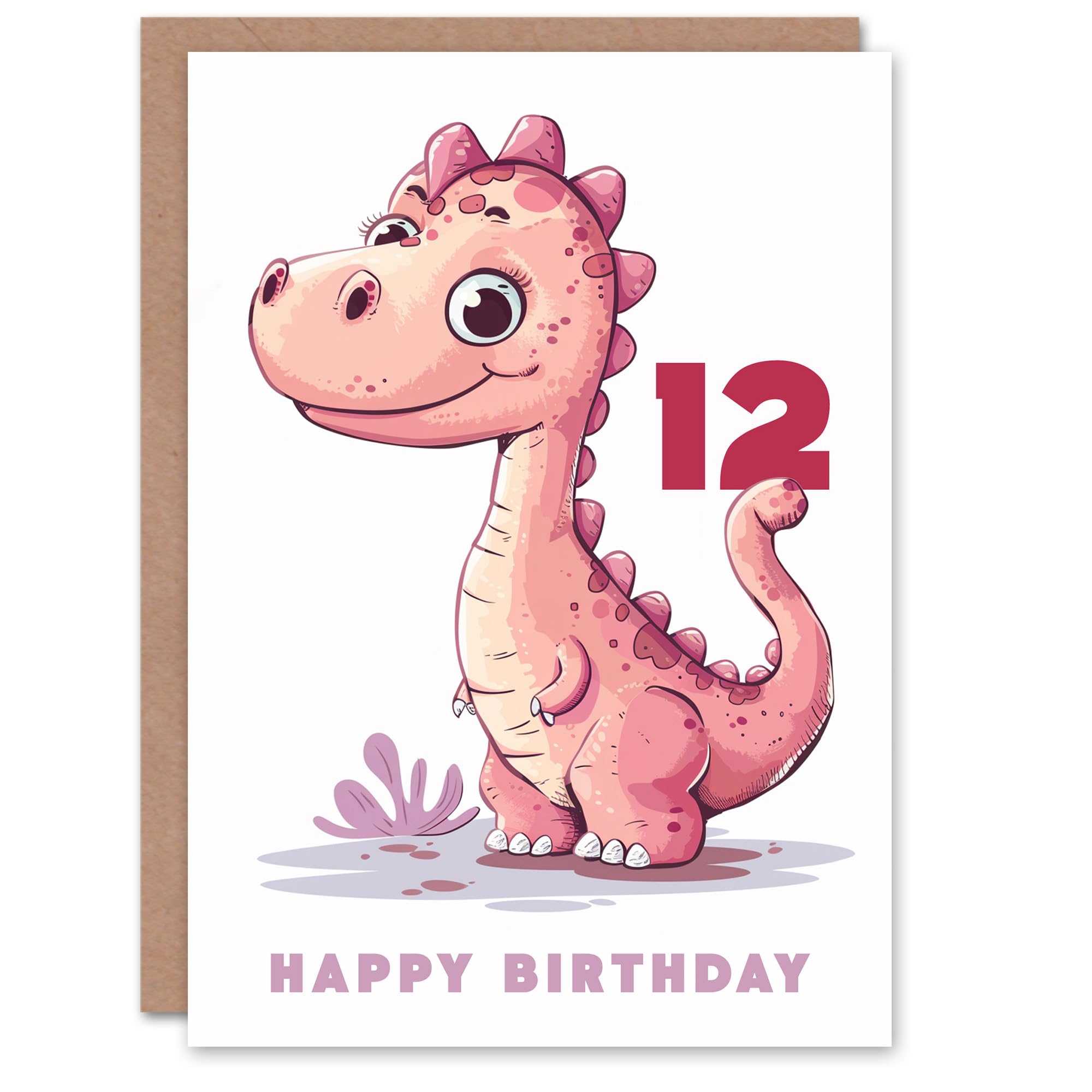 Artery8 12th Birthday Card Cute Pink Baby Dinosaur Cartoon Kids Age 12 Year Old Child For Son Daughter Girl Boy Happy Card