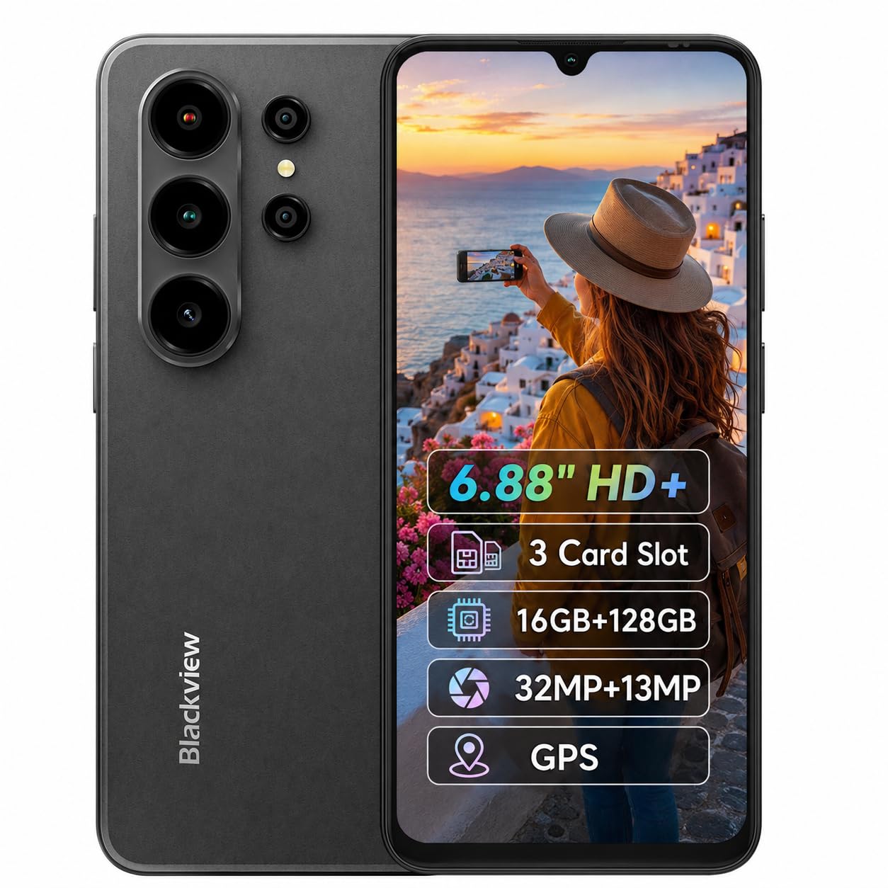 Blackview Wave 10C AI Smartphone, 6,88" HD+ Pantalla, 16GB+128GB(2TB Externa), 3 Asistentes Inteligentes IA, Cámara 32MP+13MP, Ranura para 3 Tarjetas, Android 16 Dual SIM, Teléfono Móvil GPS, Negro
