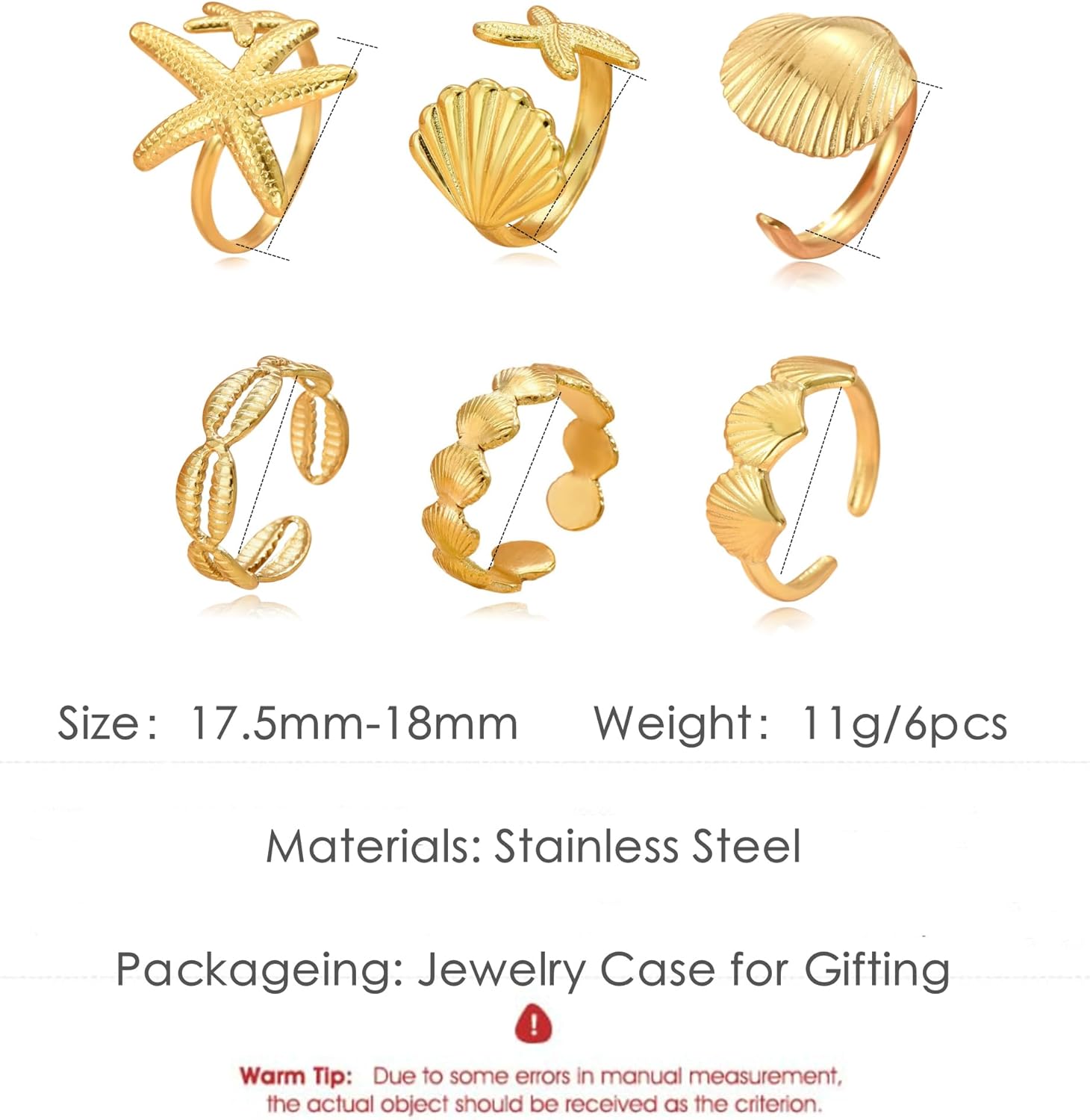 Gold Chunky Seashell Starfish Wave Stackable Adjustable Rings for Women Non Tarnish 18K Gold Plated Stainless Steel Open Knuckle Thumb Ring Set Summer Beach Jewelry Gift for Vacation - Image 4