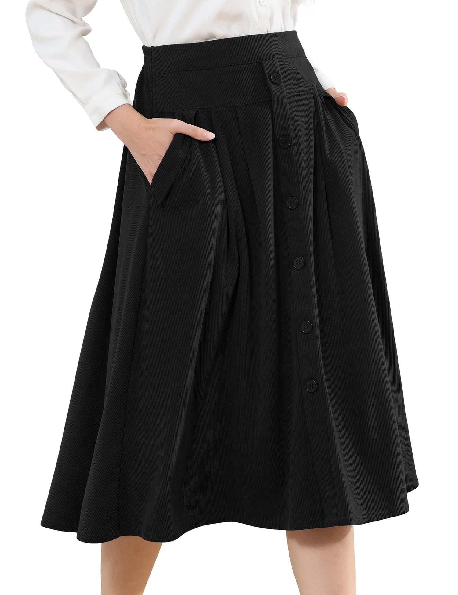 Womens Corduroy Skirts Vintage High Waist Button Long Pleated Skirts A-line Midi Skirt with Pockets Fall Winter