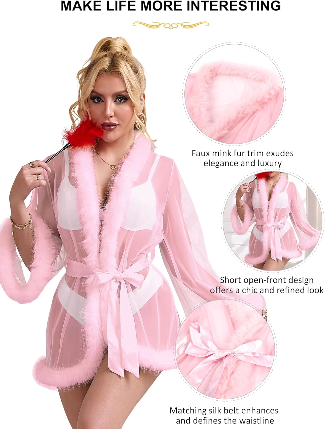 comeondear Fur Feather Robe for Women Sheer Long Sleeve Kimono Robe Nightgown Plus Size Bridal Robe with Belt - Image 5