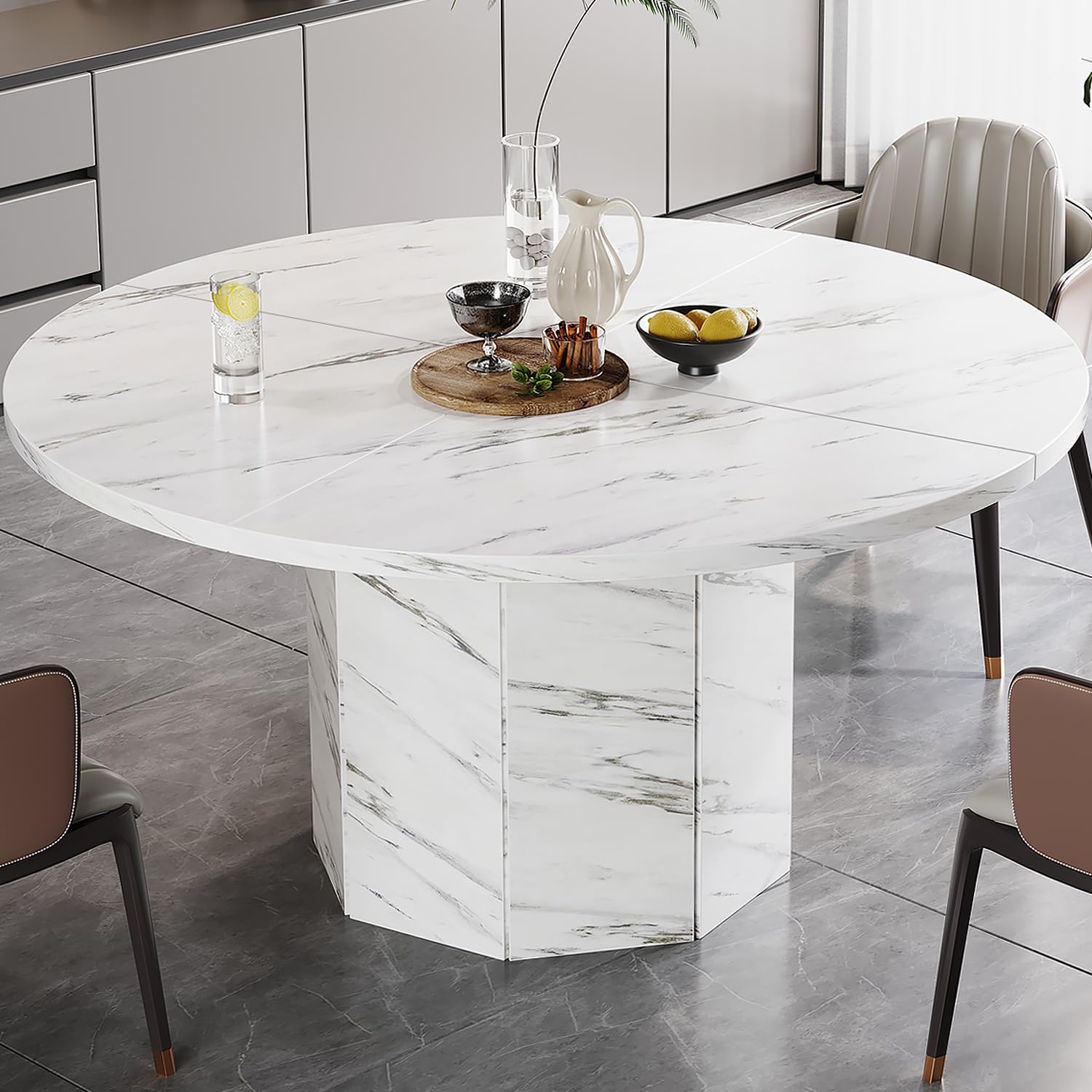 HSH Runder Esstisch Weiß Küchentisch für 4 bis 6 Personen Esszimmertisch Holz mit Marmor Optik Modern Design Tisch mit Achteckiger Basis für Esszimmer Weiß 120 cm