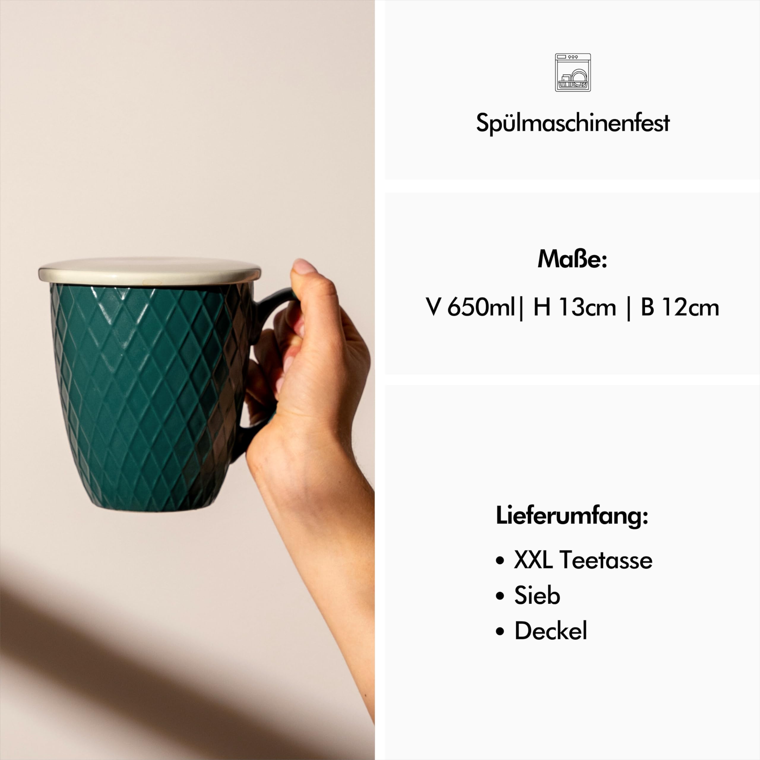 KIVY Taza de Té Grande XXL 650 ml con Tapa y Colador