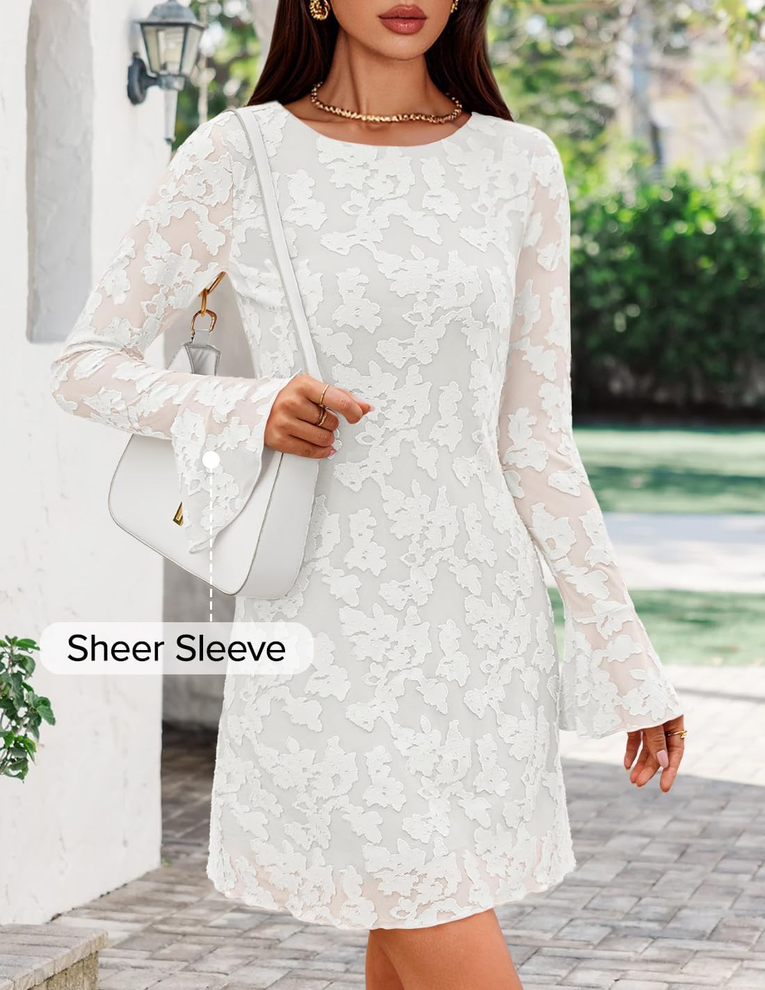 ZESICA Long Sleeve Mini Dresses for Women Spring Mesh Floral Crewneck Bodycon Wedding Guests Cocktail Party Short Dress - Image 4