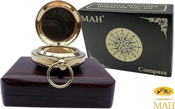Brújula decorativa de latón con caja de madera regalo miniatura 8