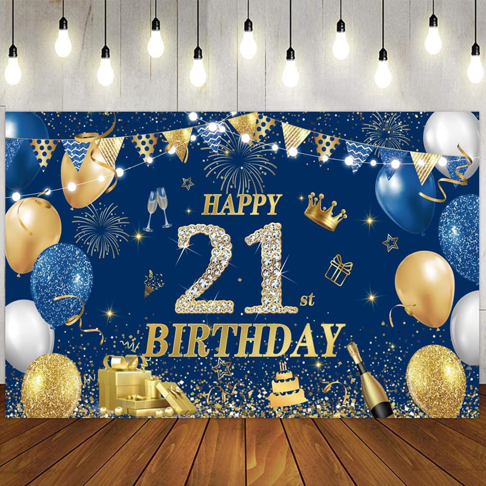 Yontree Happy 21st Birthday Banner 180 * 110cm Blue Gold Happy Birthday Banner Backdrop 21st birthday Decorations for Boys Girls, 21 Years Old BIRTHDAY Anniversary Party Supplies