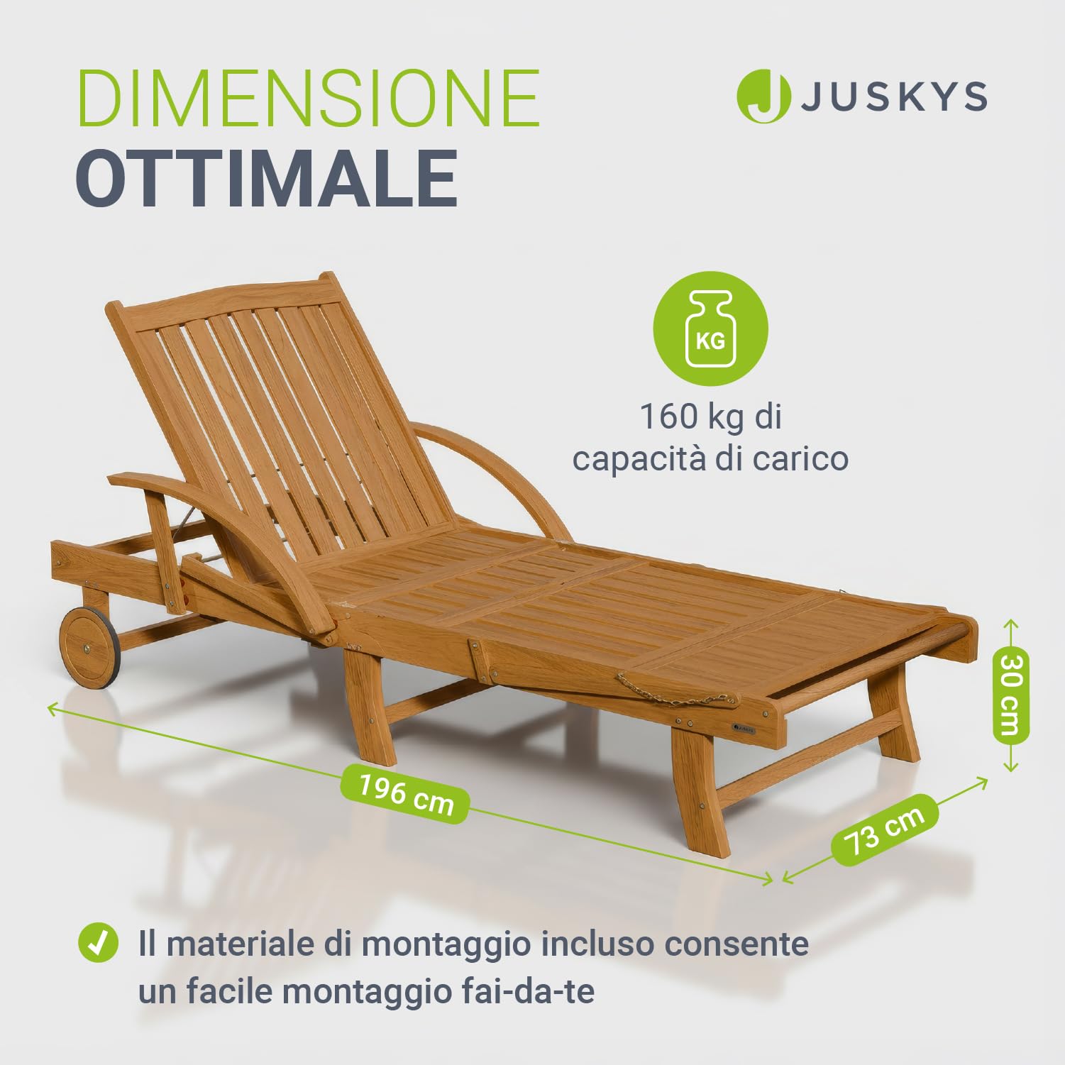 Juskys Lettino prendisole SunScape in legno di acacia naturale con tavolino regolabile poggiagambe schienale reclinabile 196 x 72,5 x 30 cm