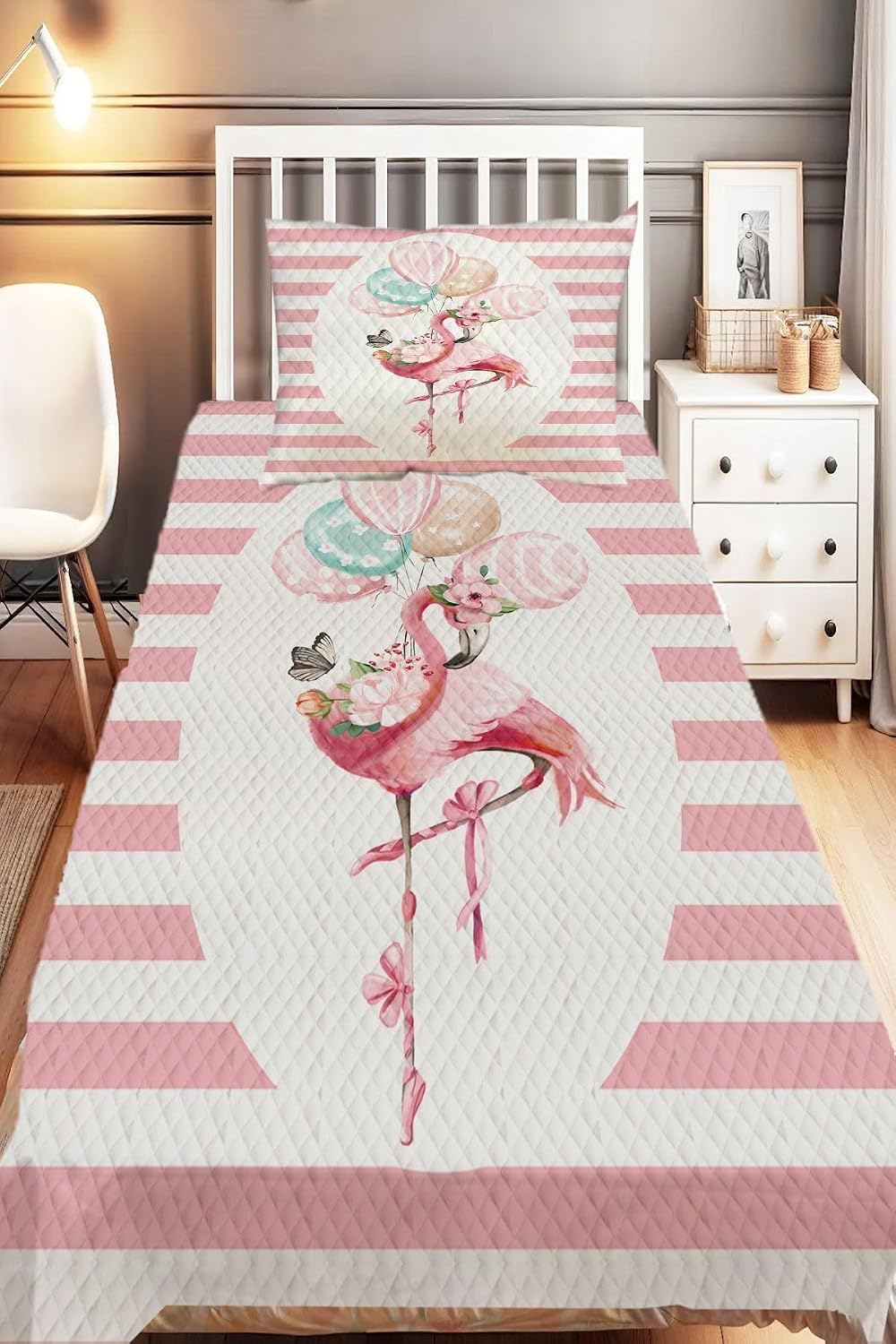 SODEF Kids Quilt Set Twin Size, Pink White Flamingo Design, Fade Resistant Polyester Microfiber, 63x87 inch, 2 Piece Set, Multicolor Animal Print - Pattern-7, One Size
