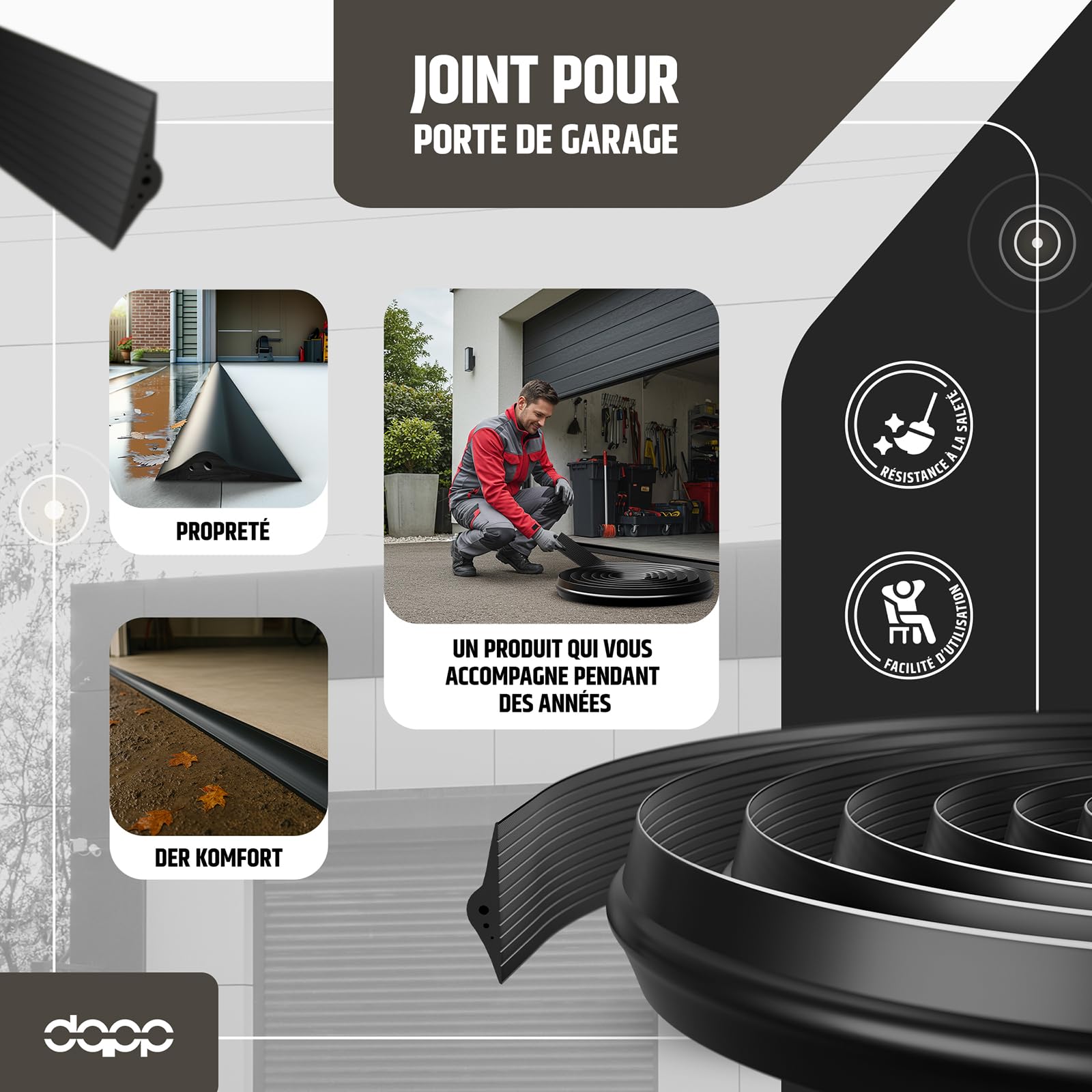 DQ-PP | JOINT DE PORTE DE GARAGE | 2,5m | 30mm x 160mm | noir | Scellage de sol | Seuil en caoutchouc EPDM | 3cm x 16cm