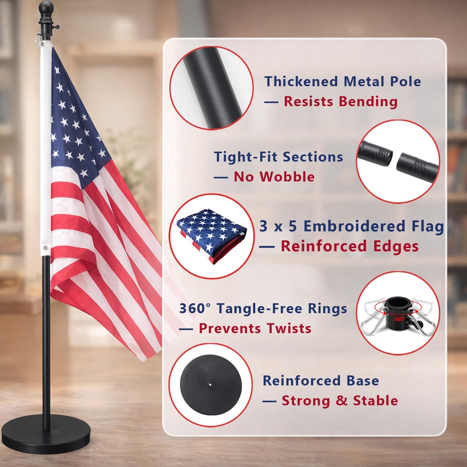 American Flag with Pole and Stand - Heavy Duty 1" Free Standing Indoor Flagpole Set with 3x5ft Embroidered US Flags,Weighted Base, 6-8 FT Adjustable Portable For Office, Church,School (Black)
