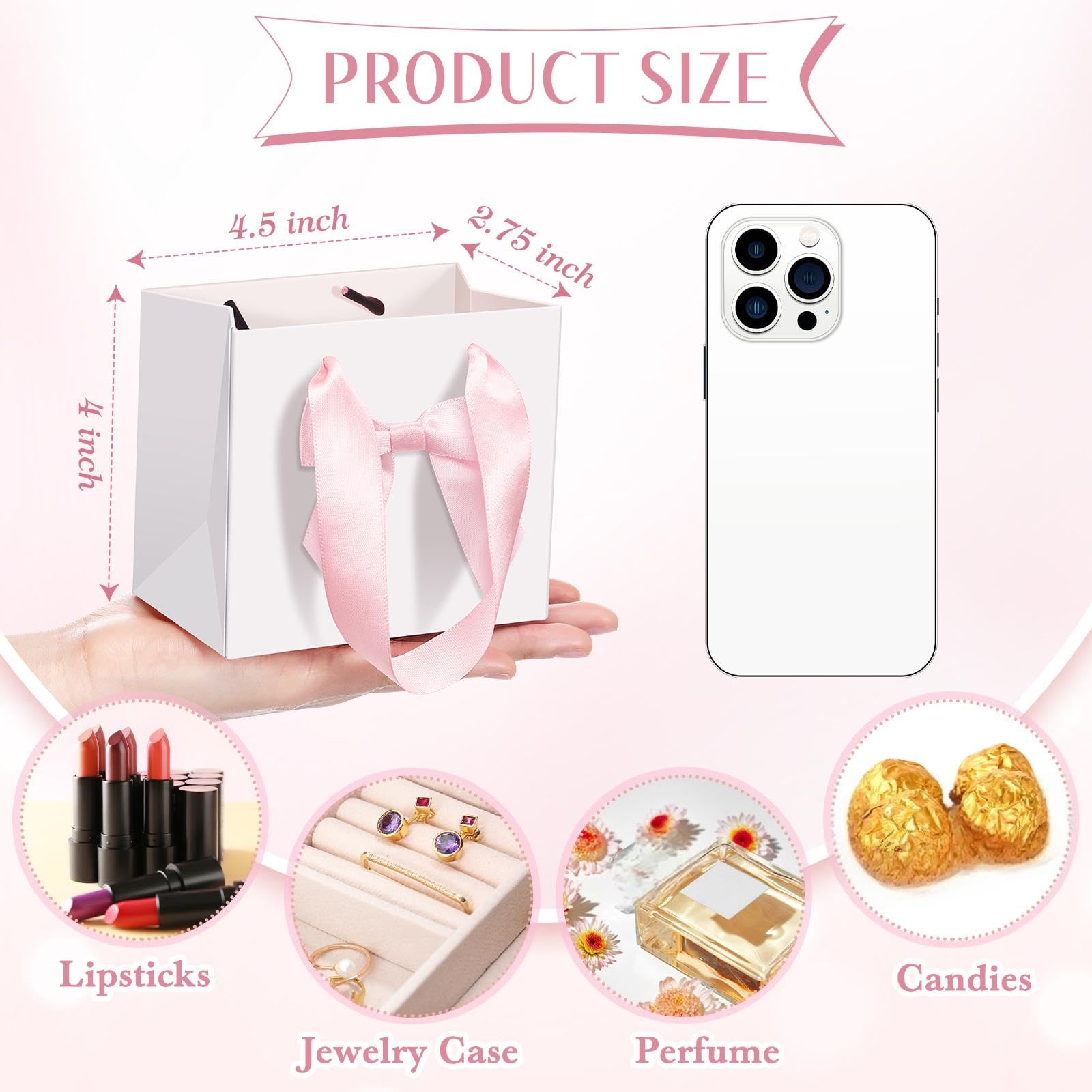 Kolldenn 50 Pcs Mini Gift Bags with Pink Bow Ribbon 4''x2.7''x4.5'' Small White Paper Thank You Goodie Gift Bags Bulk with Handle for Baby Shower Wedding Graduation Party Favor Birthday Return Guests
