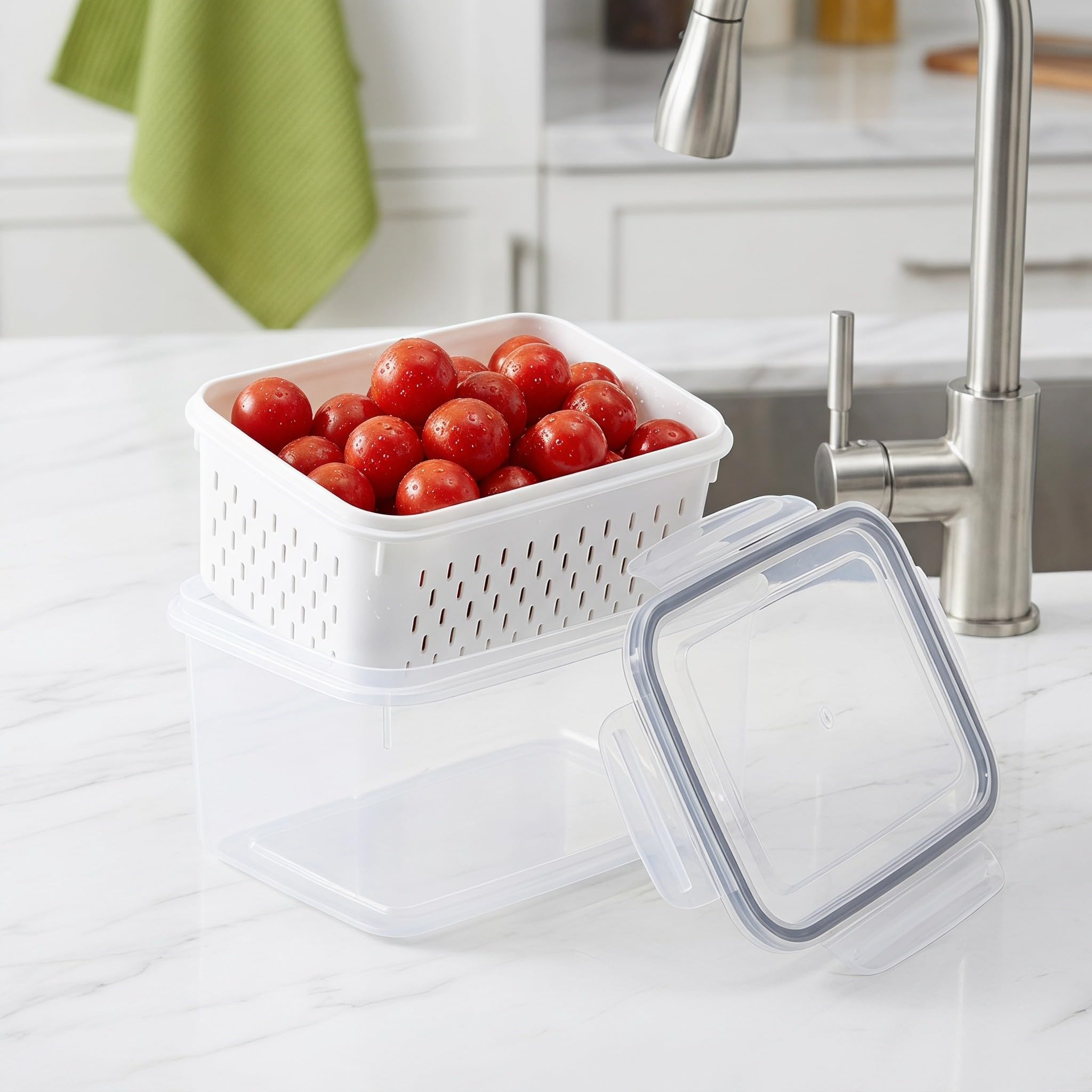 SOLUSTRE 5 pojemników do przechowywania owoców do lodówki z wyjmowanymi durszlakami - plastikowe pojemniki do przechowywania żywności z pokrywkami - szczelne pojemniki na produkty, które utrzymują