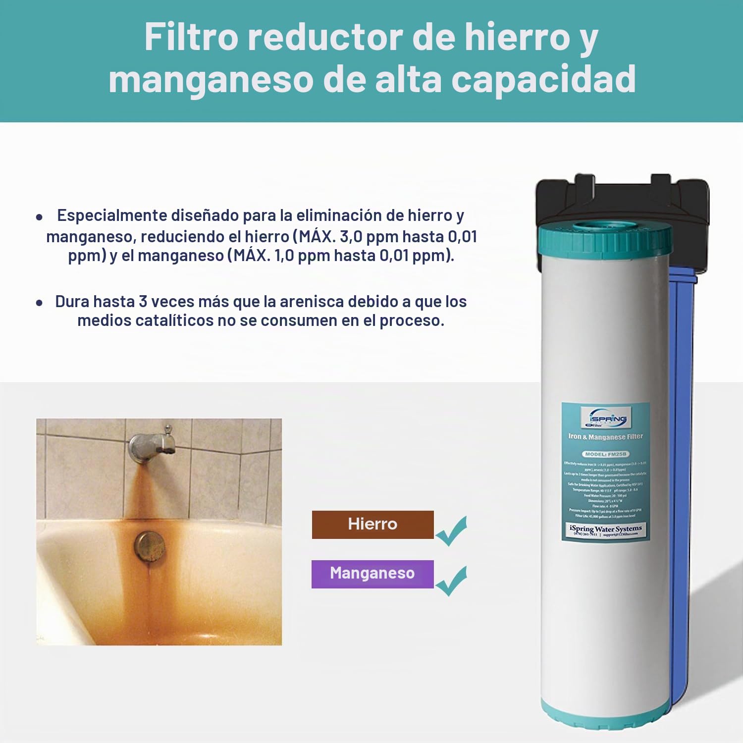 iSpring FM25B Cartucho de Filtro de Agua para Toda la Casa, Filtro de Agua Reductor de Hierro y Manganeso para Toda la Casa, 4,5" x 20"