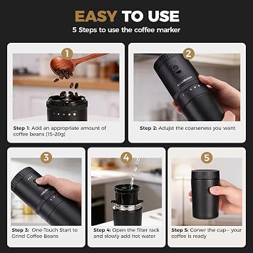 HAUSHOF Travel Coffee Maker,Coffee Grinder for Home,Camping | Hot & Cold Insulation;5 Adjustable Grind Levels;Grind & Brew in One;Portable Cordless Design