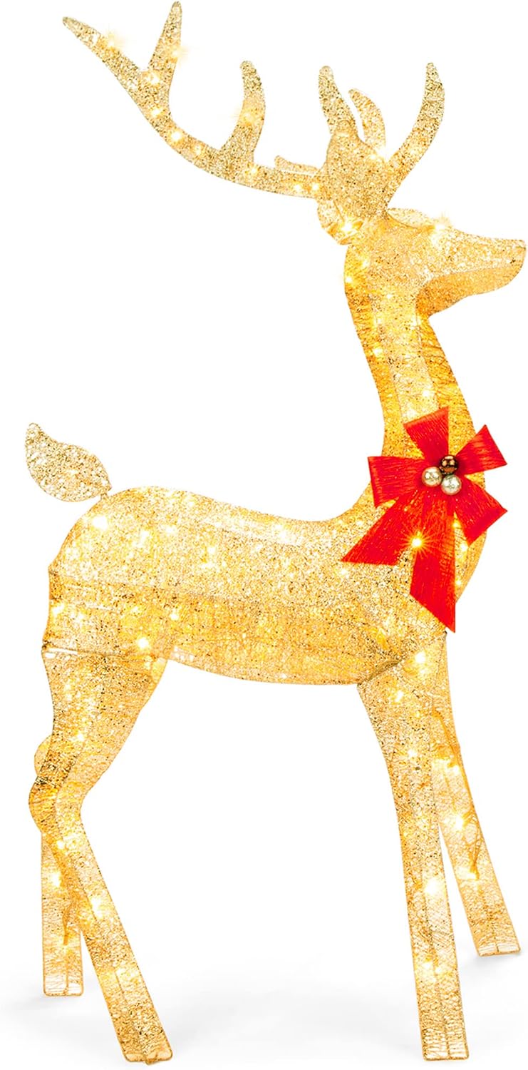 Best Choice Products 5ft 3D Pre-Lit Gold Glitter Christmas Reindeer Buck Holiday Yard Decoration w/ 150 LED Lights, Red Bow, Stakes & Zip Ties