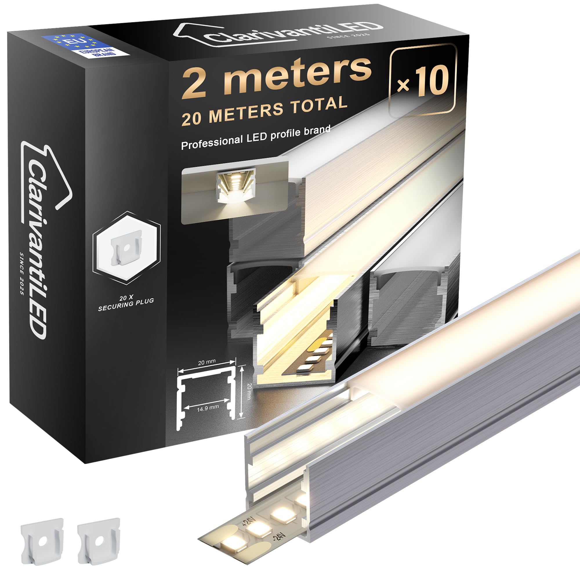 Profile aluminiowe do taśm LED 3 (20 x 20 mm U-Form, 10 × 2 metry)