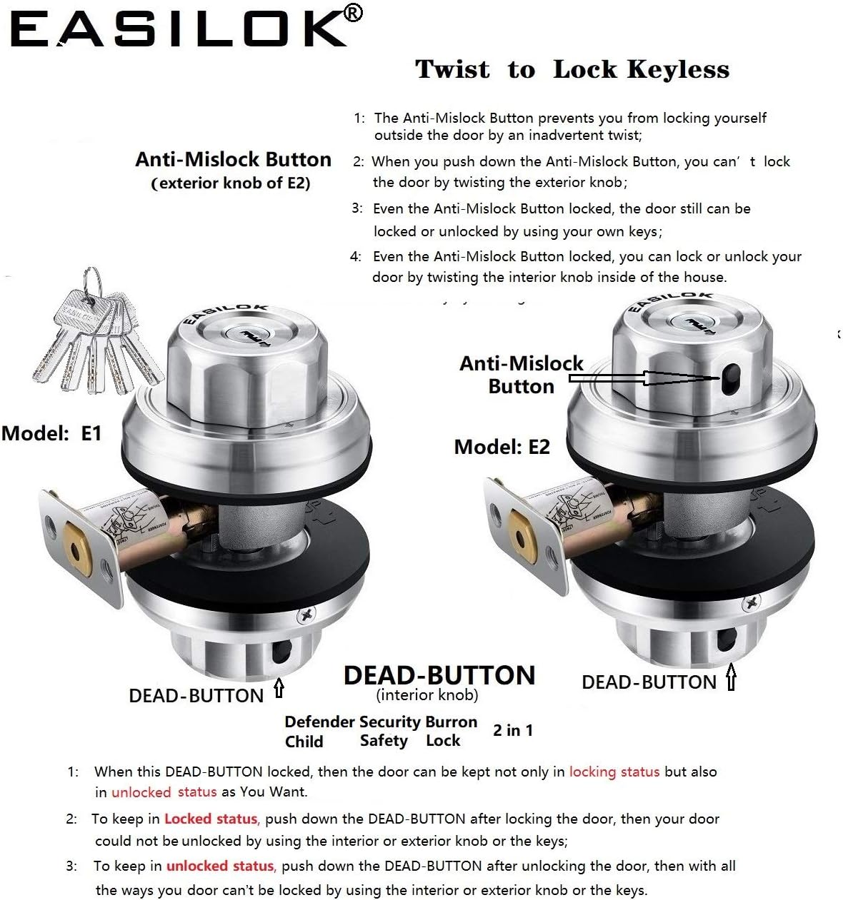 Get Special Price Twist to Lock deadbolt Lock keyless with Anti-Mislock Button,a Night Latch is unpickable on Interior Keeping Front Door Lock Locked as Well Unlocked Status As You Prefer,Single Lock