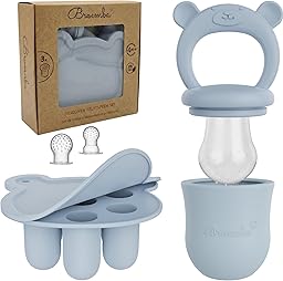 Grignoteur de fruits et lot de 3 tétines avec moule à glace - Grignoteur en silicone bleu avec anneau de dentition, sucette pour fruits et légumes, moule à glaçons avec couvercle